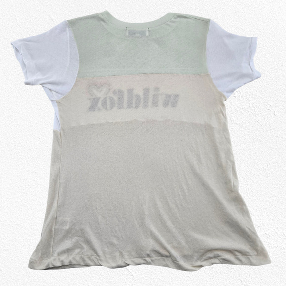 Wildfox Beige Green White Colorblock Heart Logo Semi-Sheer T-Shirt Size XS - Picture 9 of 9